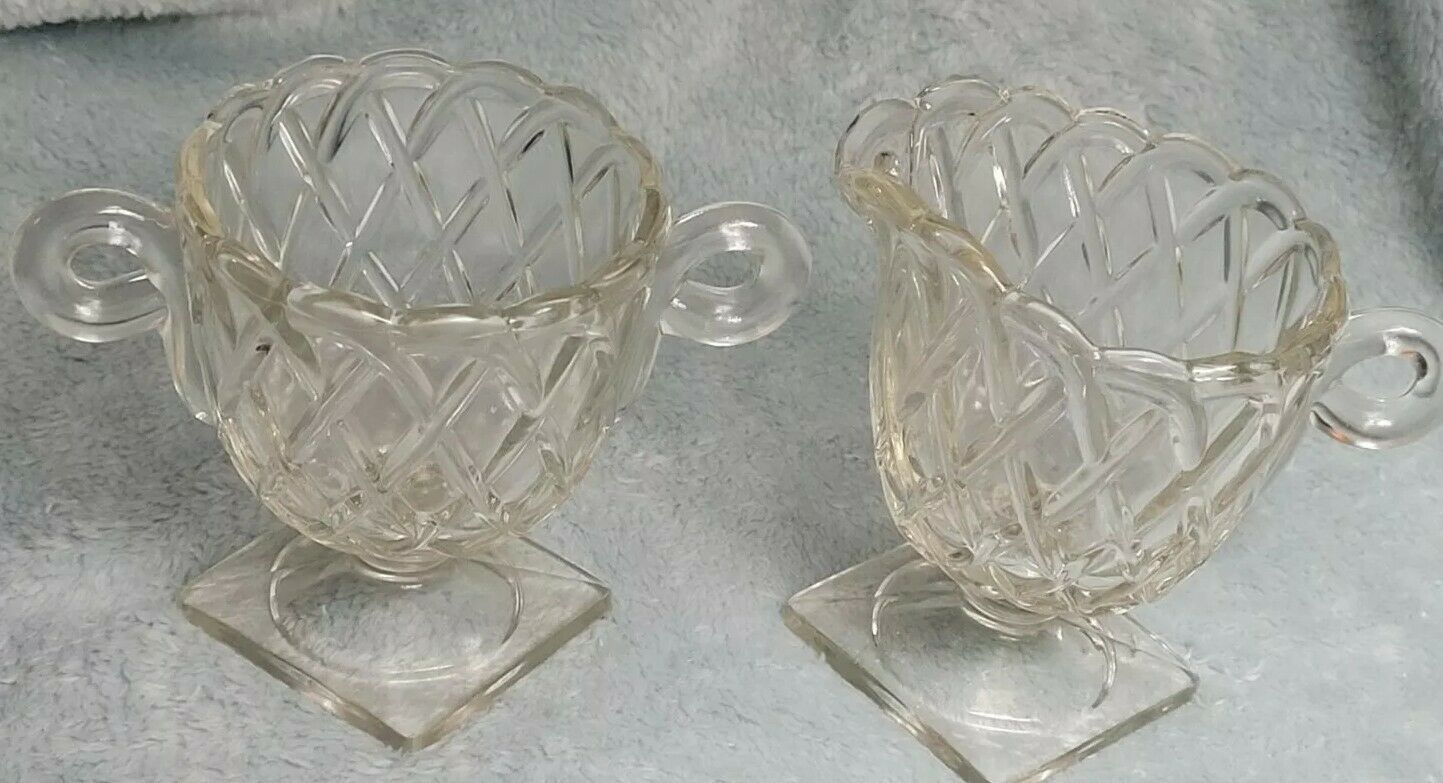 Vintage Clear Pressed Glass Creamer And Sugar Set Pretzel Pattern Indiana Glass