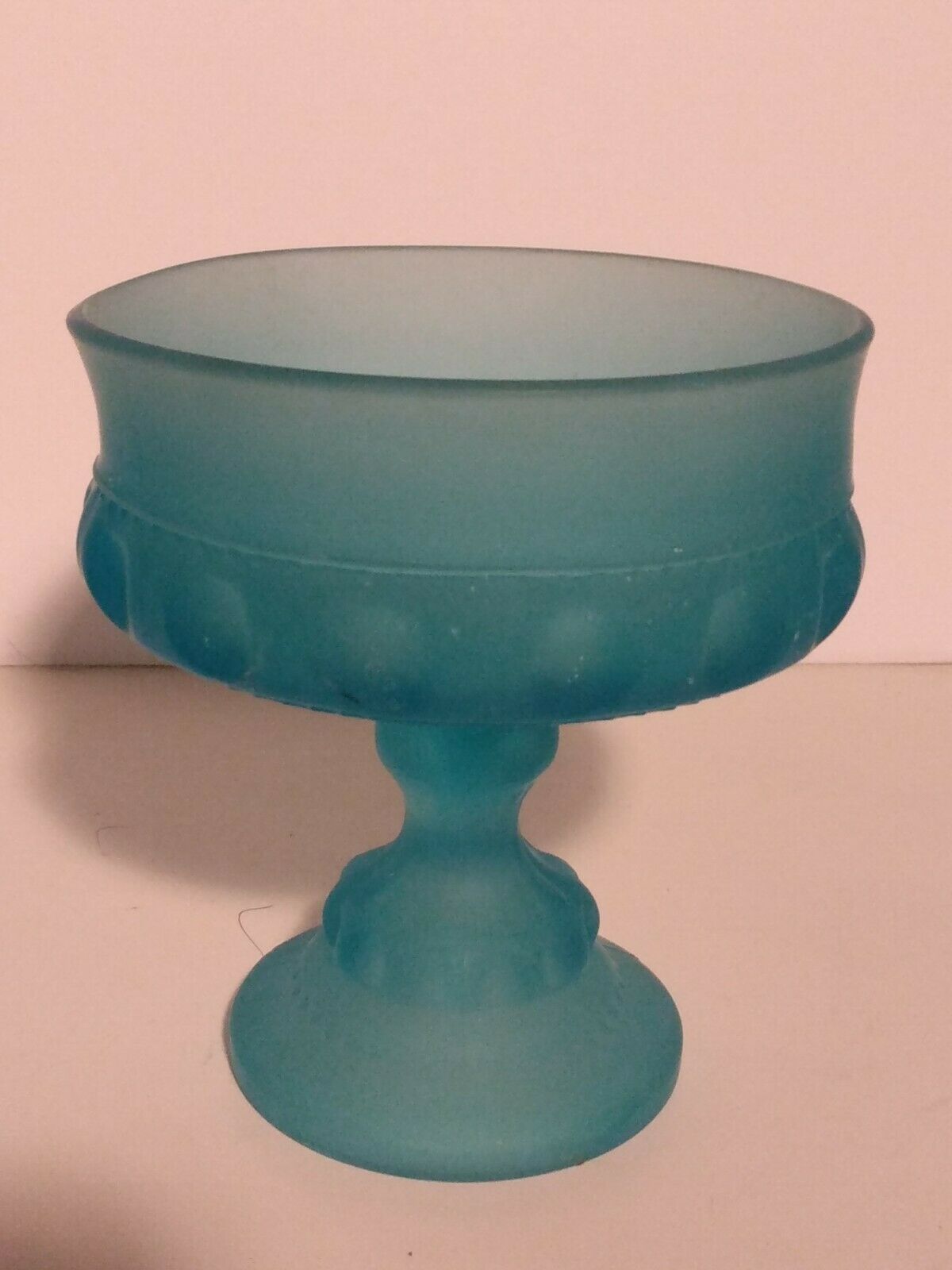 Vintage King's Crown 5" T 4.75" D Pedestal Compote Candy Dish Frosted Blue Glass