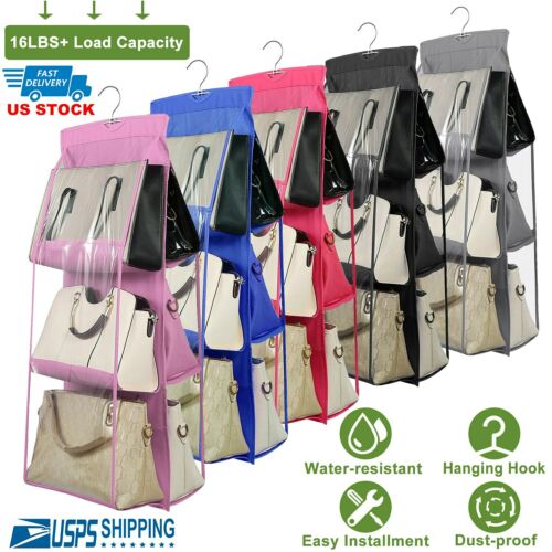 6-pockets Handbag Storage Organizer Anti-dust Cover Large Clear Bag Rack Hangers
