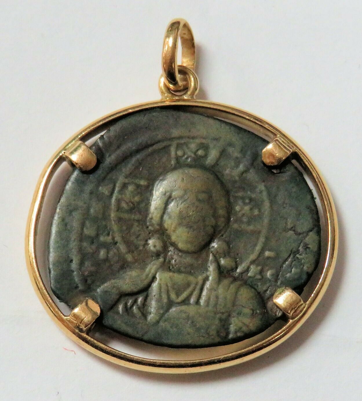 Ad 1020 Byzantine Empire Follis Jesus Christ In 14k Gold Pendant Frame
