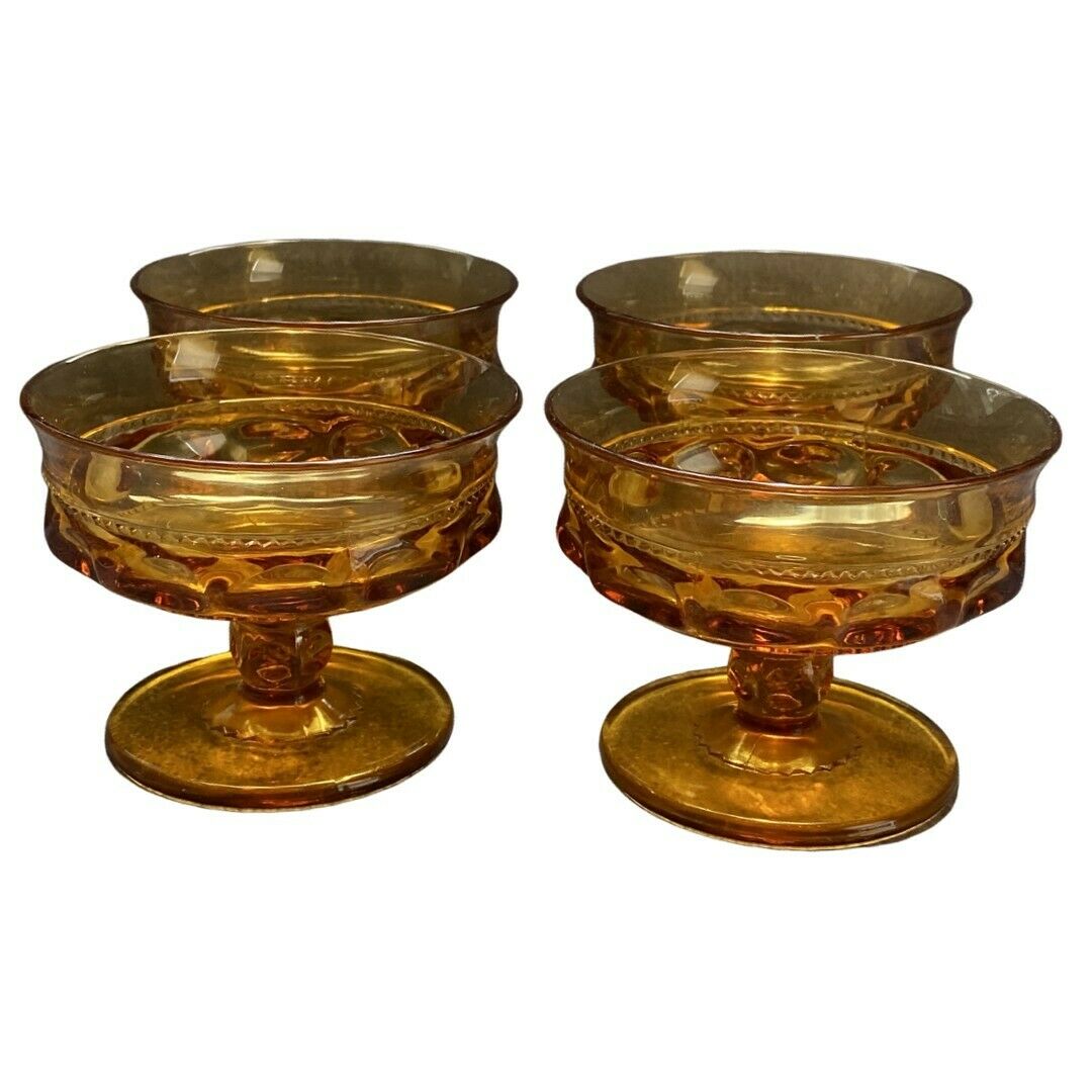 4 Indiana Glass Amber Kings Crown Thumbprint Footed Pedestal Dessert Dish
