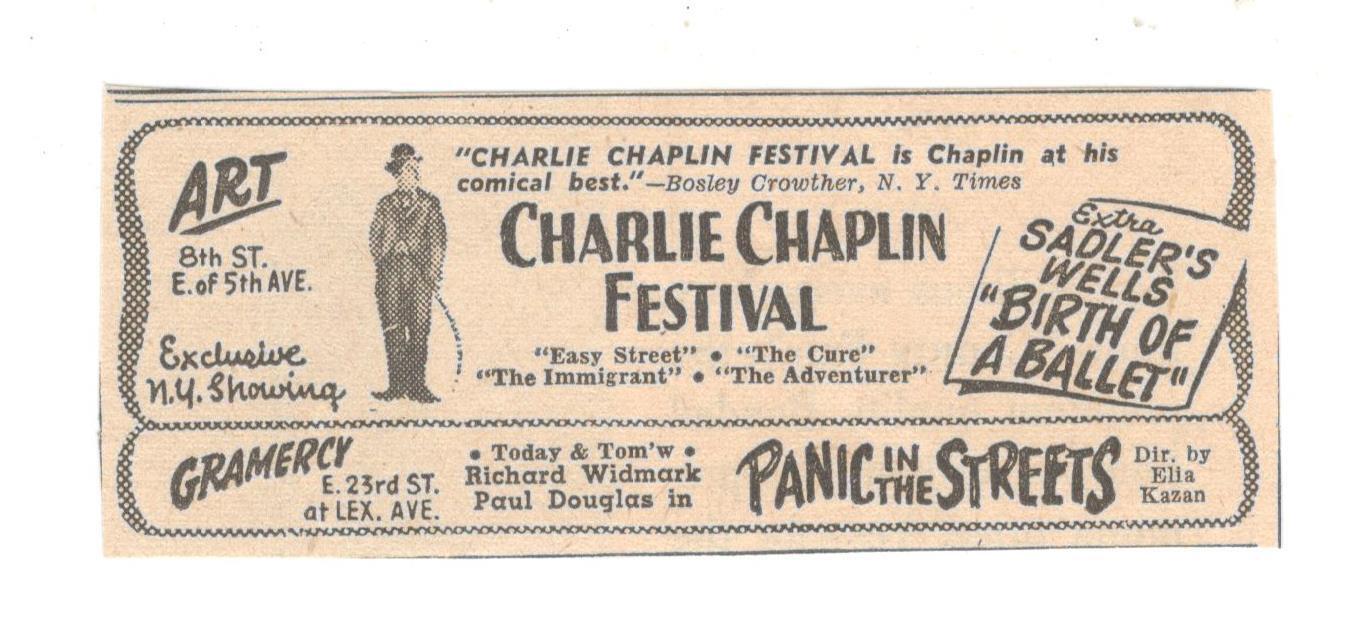 1950 Charlie Chaplin Festival Movie Ad Vtg 1.5"x4" Newspaper Clip 1950's M345