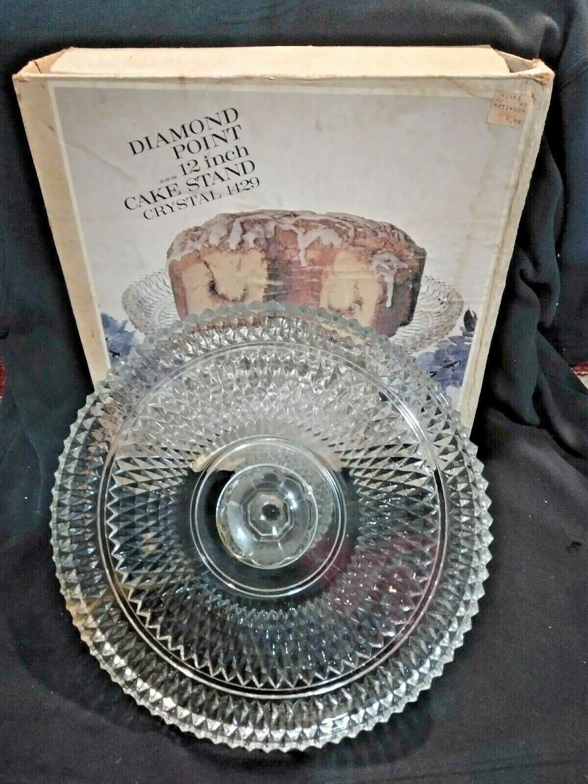 Vintage Indiana Clear Glass Diamond Point Cake Plate Pedestal Stand In Box 12 "