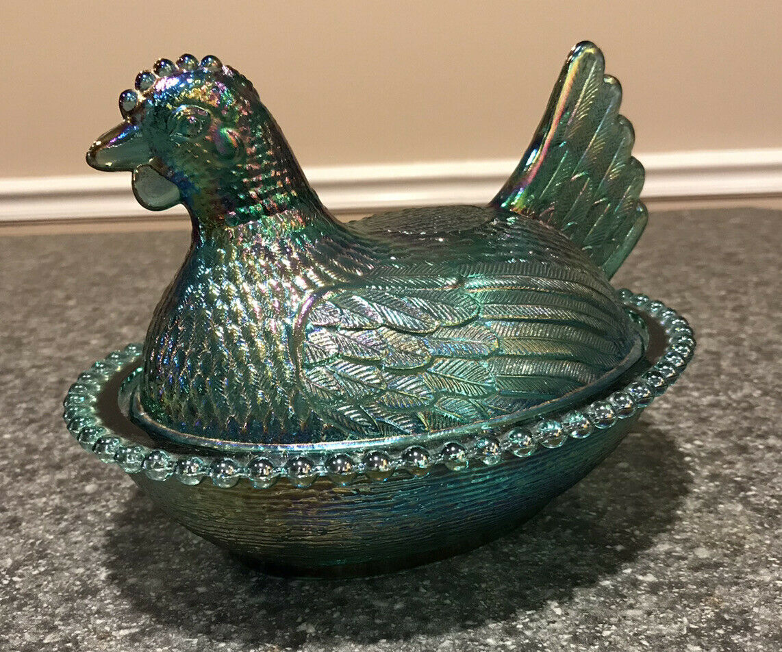 Indiana Glass Vintage Teal / Aqua Hen On A Nest Covered Candy Dish