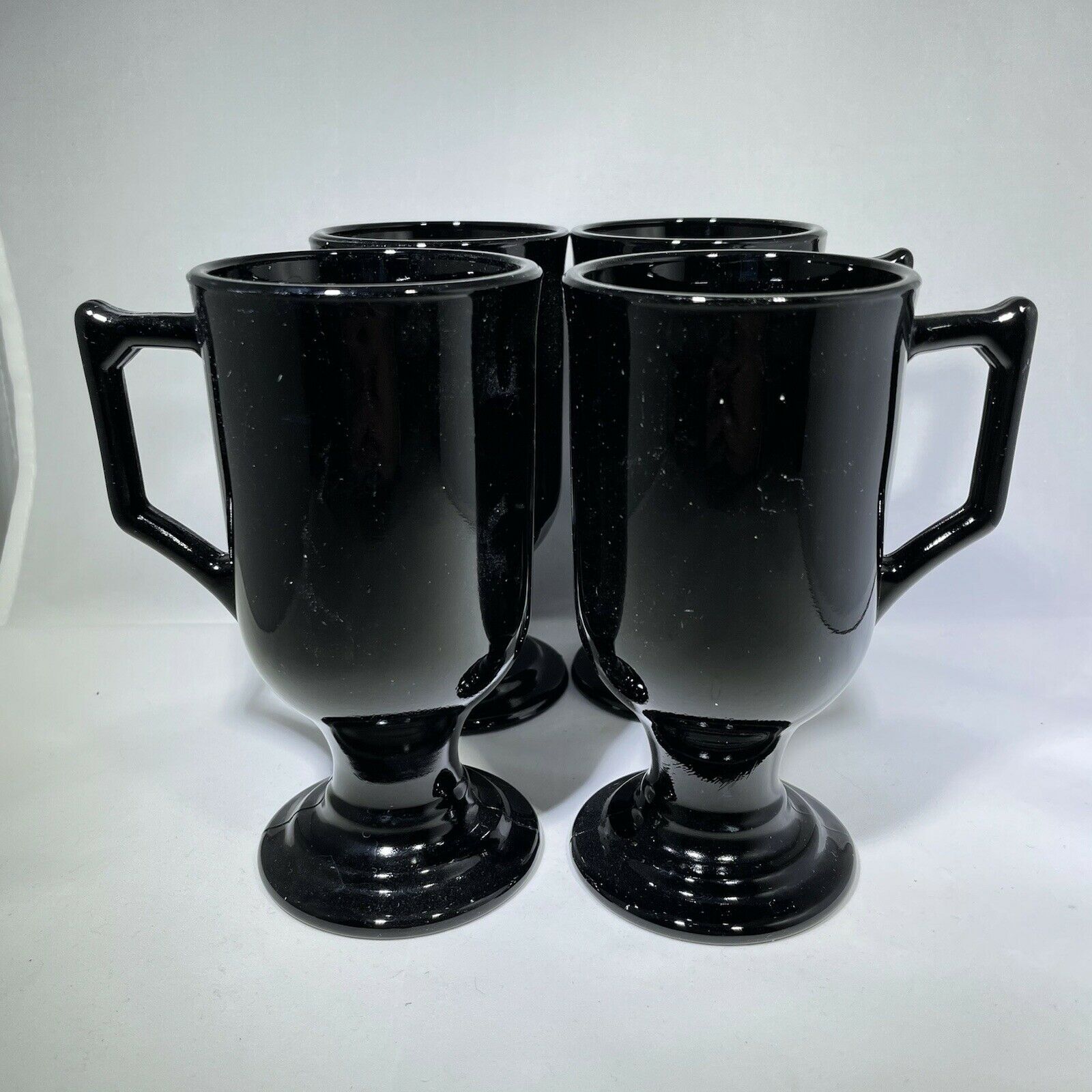 Indiana Glass Continental Black Glass Footed Mug, Irish Coffee Vintage Set Of 4