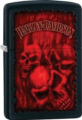 Zippo Harley Davidson Black Matte Lighter With Red Skulls, #  28826, New In Box