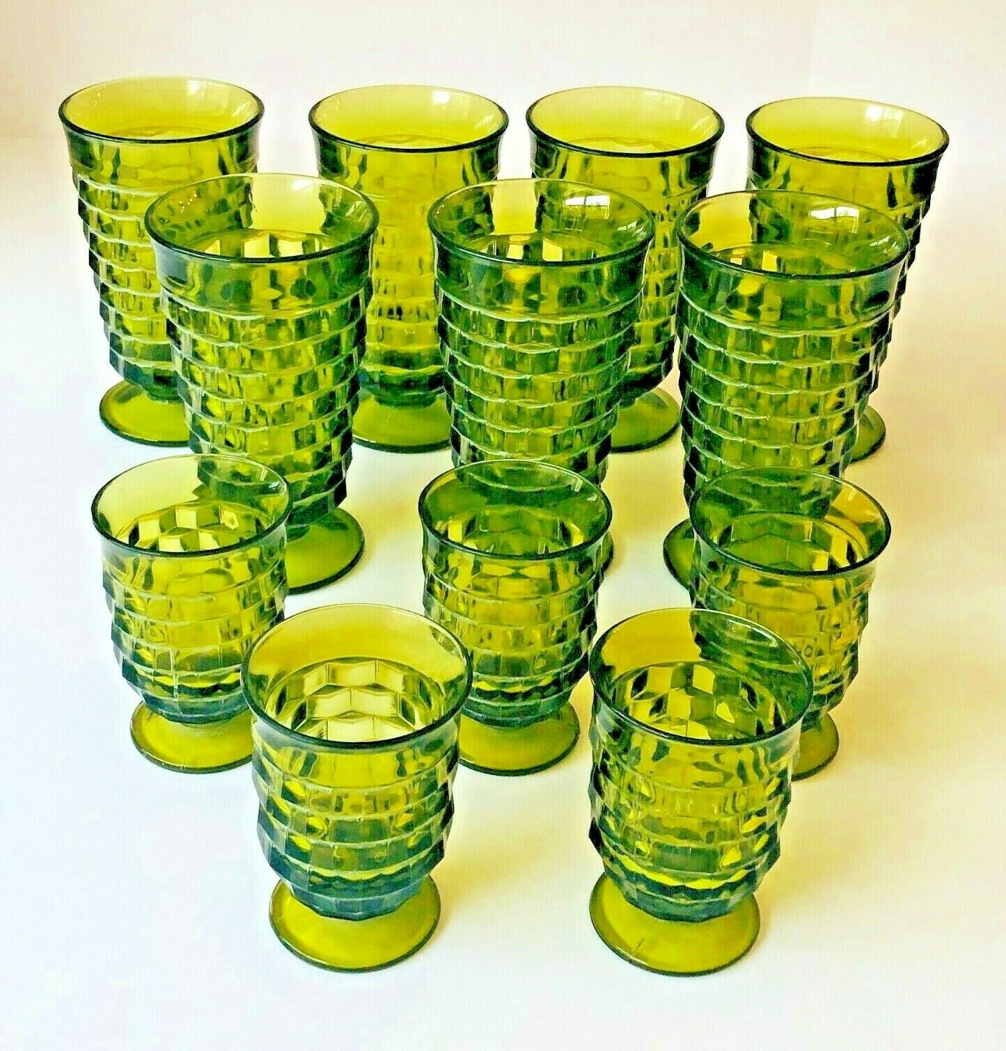 12 Vtg 70s Indiana Glass Whitehall Drinking Glasses Cube Avocado Green Footed