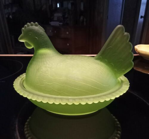 Vintage Chicken Hen On Nest Covered Dish -  Satin Green Glass -