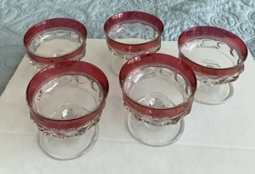 5 Ruby Red Kings Crown Thumbprint Footed Champagne Tall Sherbet Goblet Glass